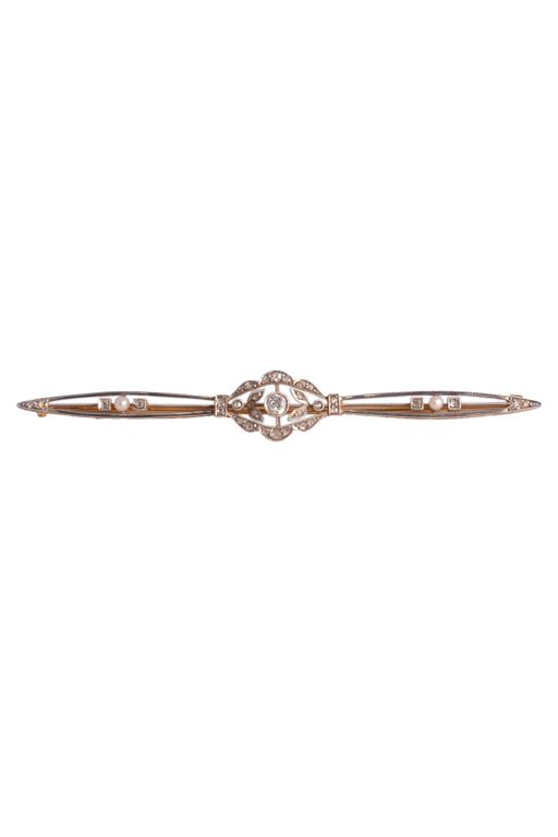 Yellow and White Metal Bar Diamond Brooch