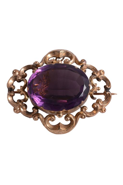 Yellow Metal Amethyst Brooch