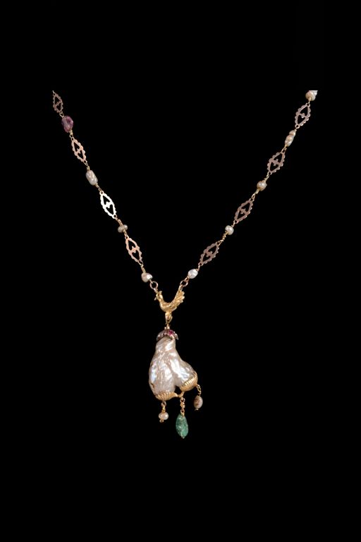 Pearl Emerald Ruby and Diamond Pendant Necklace