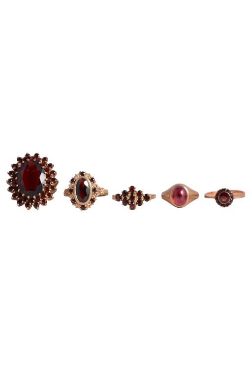 Five 9k Gold Garnet Rings