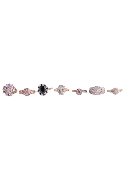 Seven Gold and Yellow Metal Multi-Gem Rings