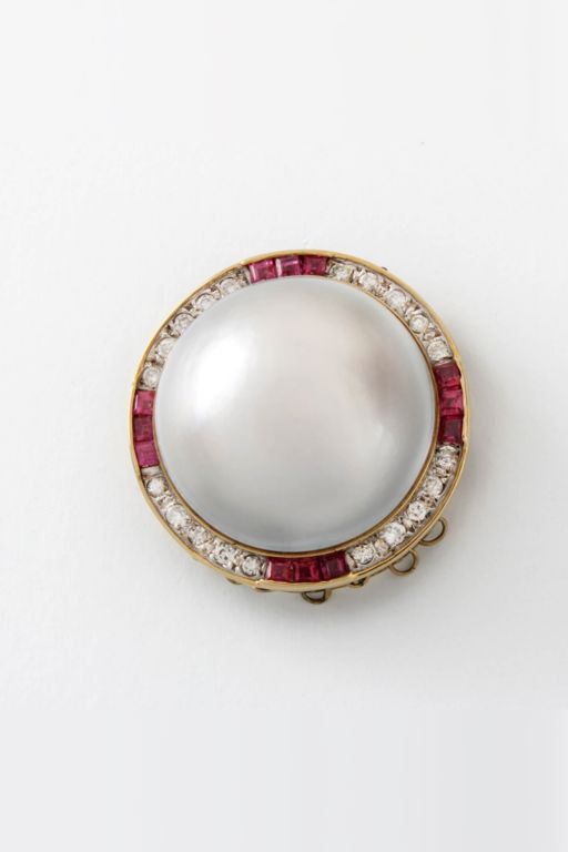 14k Yellow Gold Pearl, Diamond and Ruby Pendant