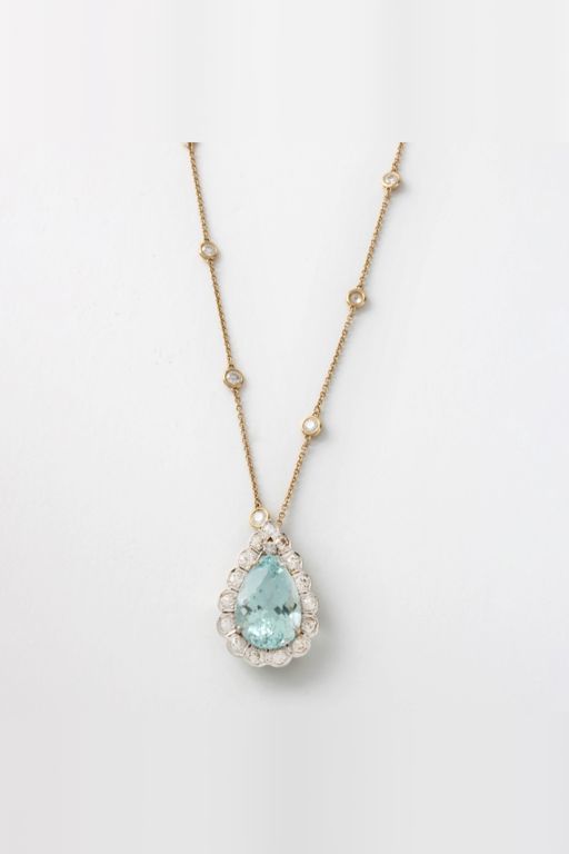 14k Gold Aquamarine and Diamond Pendant Necklace