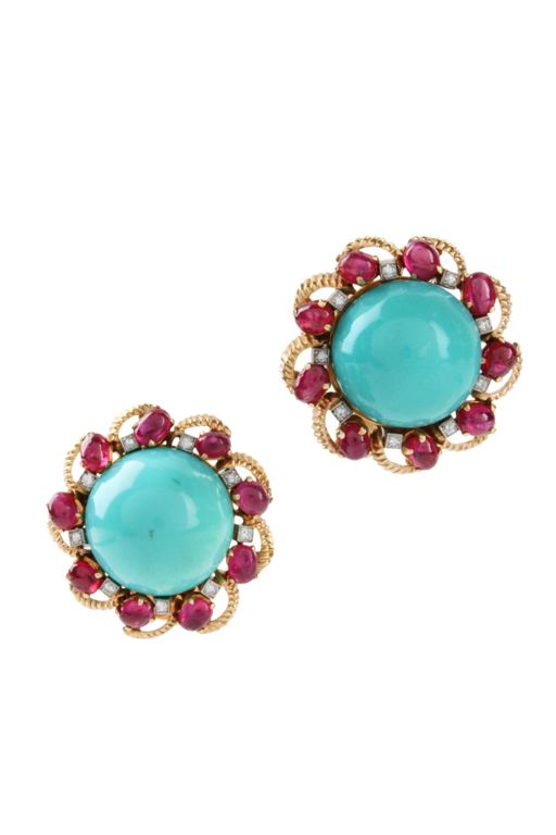 18k Gold Turquoise, Diamond and Ruby Earrings
