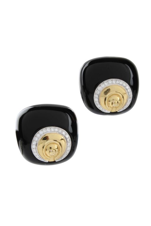 18k Yellow Gold Onyx and Diamond Earrings