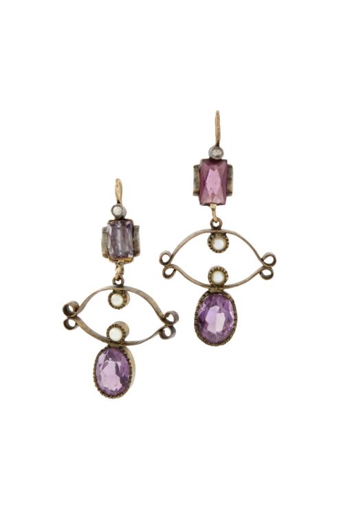 14k Gold Amethyst and Pearl Pendant Earrings