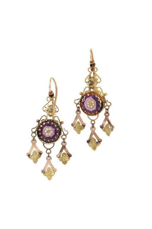 14k Gold Amethyst and Pearl Pendant Earrings