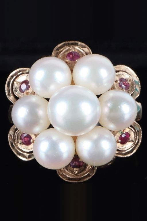14k Gold Pearl and Ruby Ring
