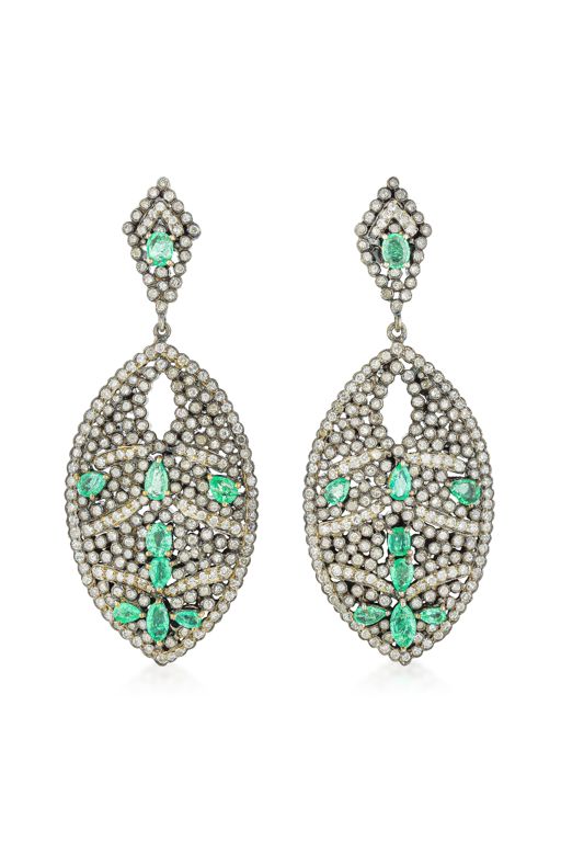 Pair of Silver Emerald and Diamond Earrings