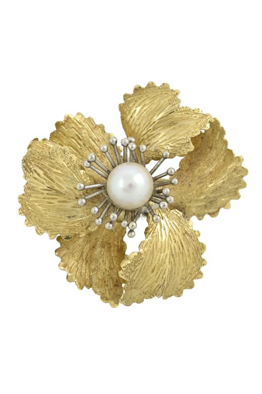 18k Gold Pearl Floral Brooch