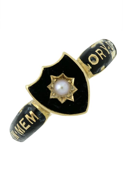 18k Yellow Gold Enamel and Pearl Mourning Ring