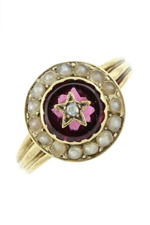Garnet, Pearl and Diamond Star Ring