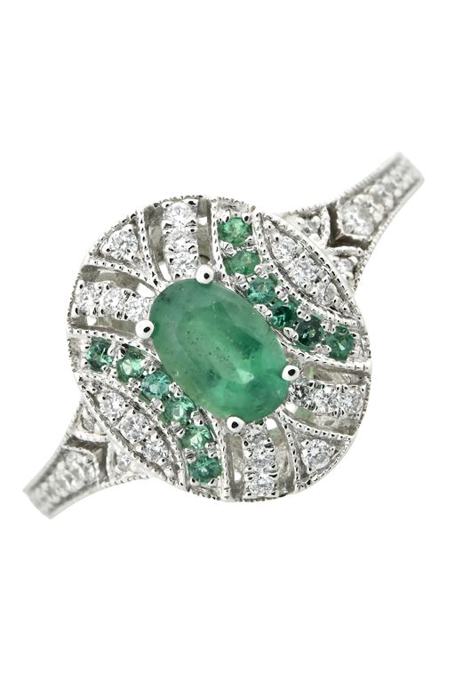 18k White Gold Emerald and Diamond Dress Ring