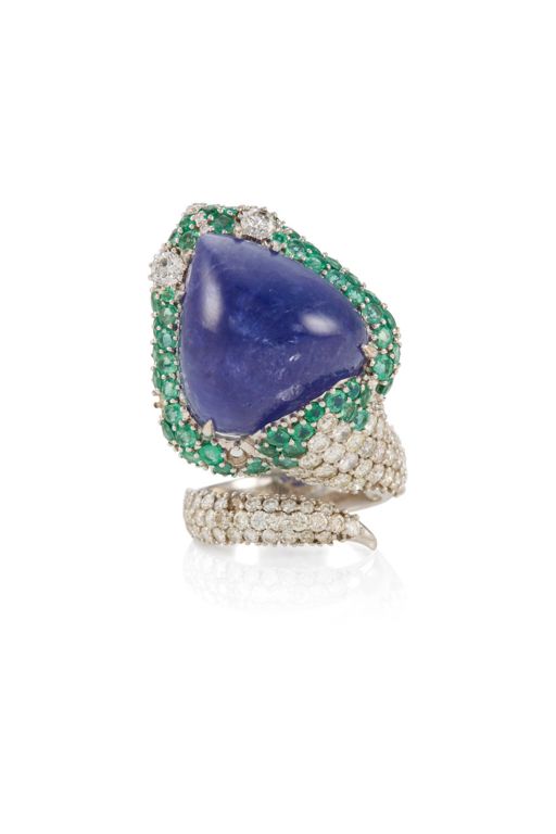 18k Gold Tanzanite, Emerald and Diamond Ring
