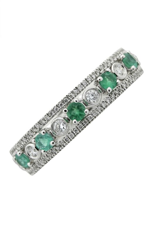 18k White Gold Emerald and Diamond Band Ring
