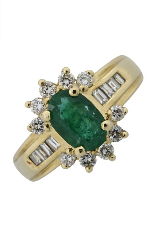 14k Yellow Gold Emerald and Diamond Cluster Ring