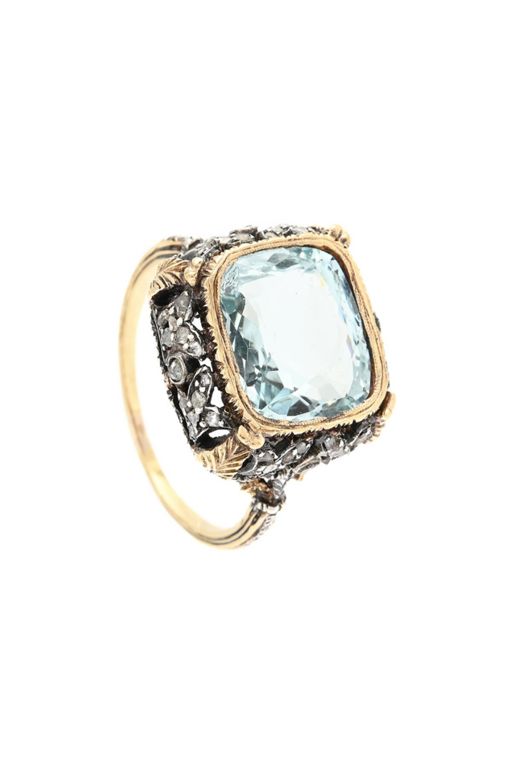 14k Gold, Silver Aquamarine and Diamond Ring