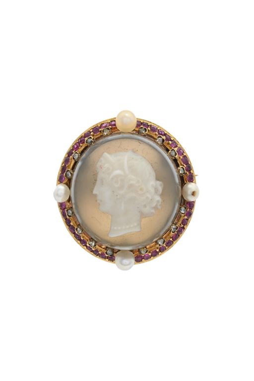 18k Gold Ruby Diamond and Pearl Brooch