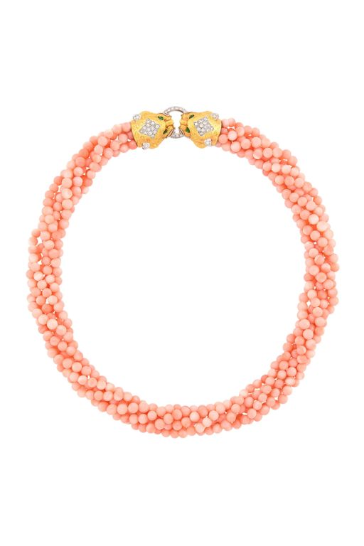18k Gold Coral Diamond and Emerald Necklace