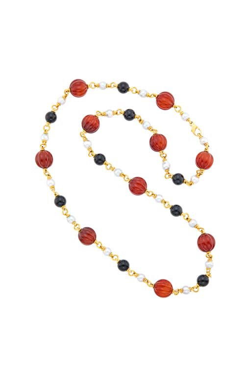18k Gold Carnelian Onyx and Pearl Necklace