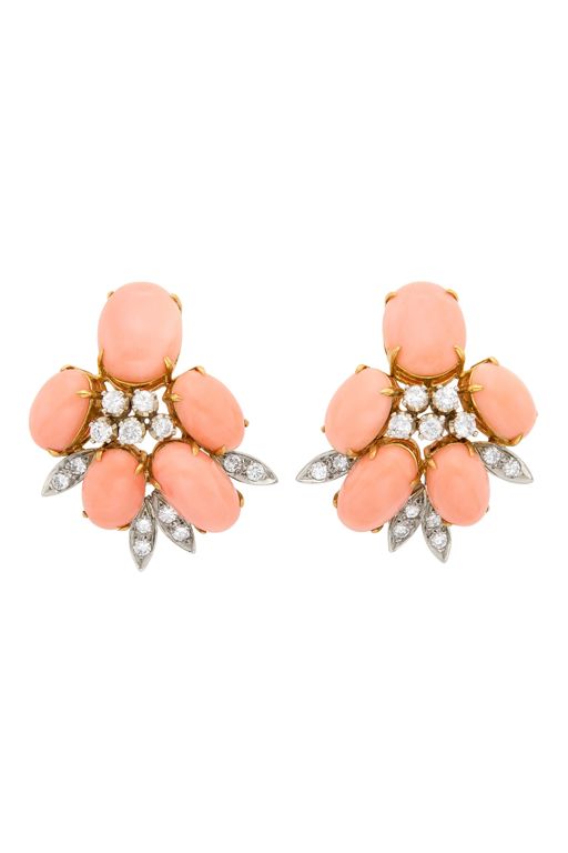 Pair of 18k Gold Coral and Diamond Earrings
