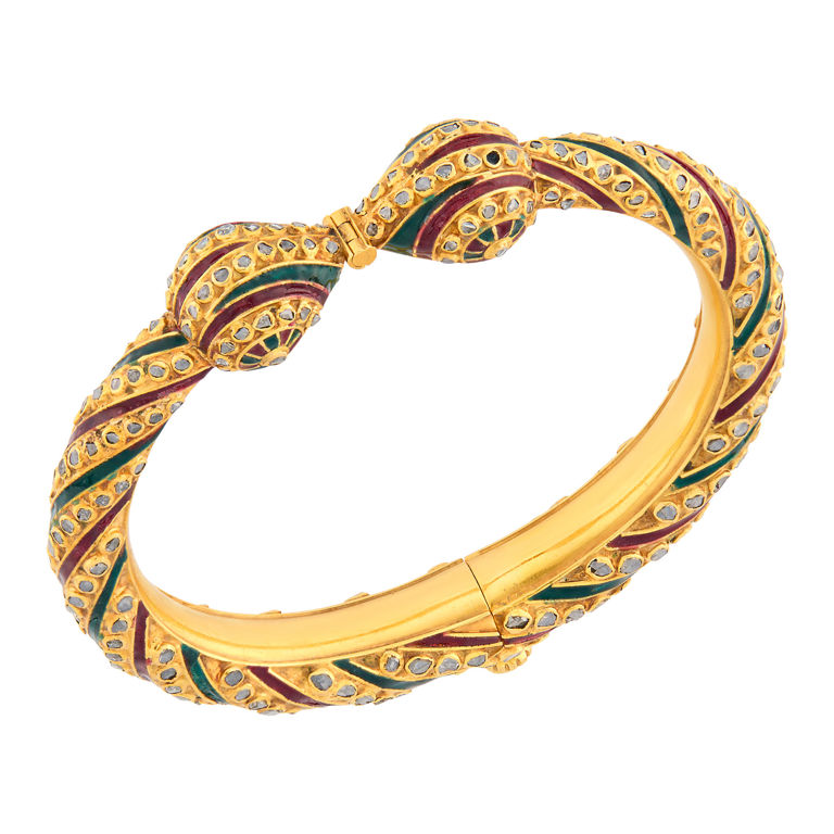 Indian Gold and Enamel Bangle Diamond Bracelet