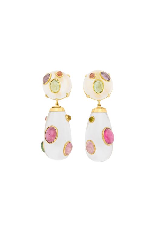 Pair of 18k Gold Rock Crystal Multi-Gem Earrings