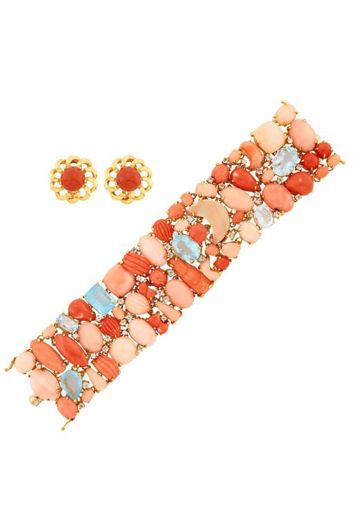 Gold Coral Aquamarine and Diamond Jewelry Set