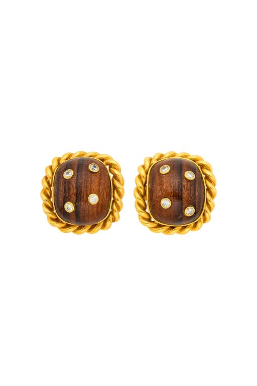 Pair of 18k Gold Wood and Diamond Earrings