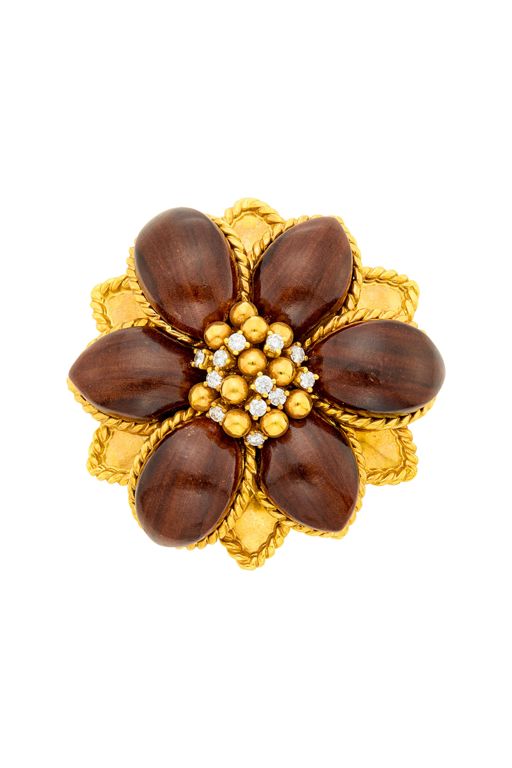 18k Gold Wood and Diamond Brooch