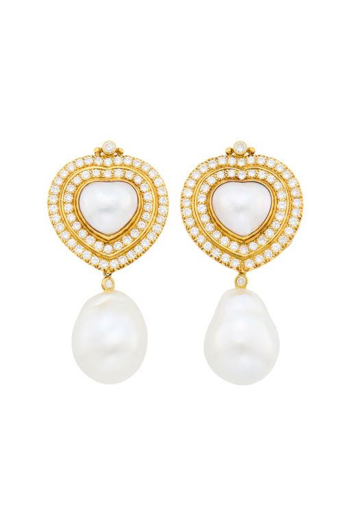 Pair of 18k Gold Pearl and Diamond Earrings