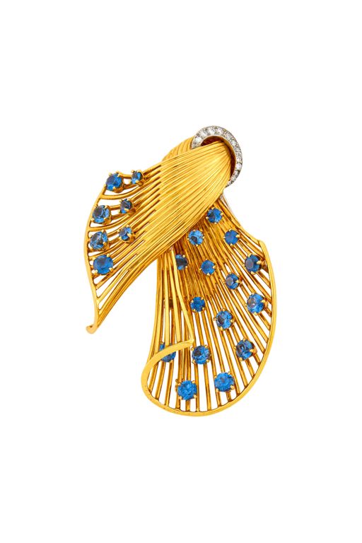 18k Gold and Platinum Sapphire and Diamond Brooch
