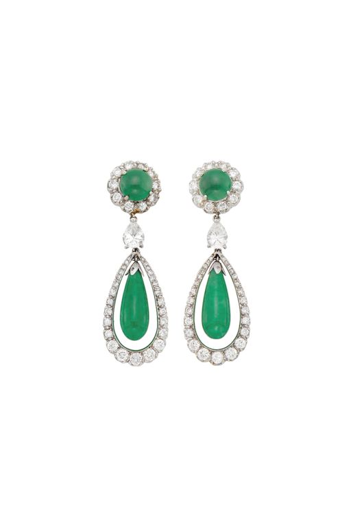 Pair of 14k Gold Jade and Diamond Earrings