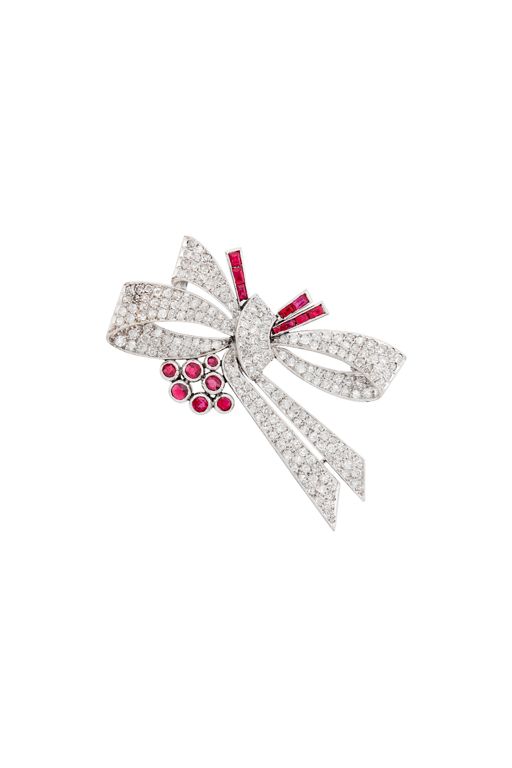 Platinum Diamond and Ruby Brooch