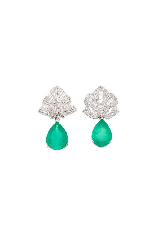Pair of Platinum Emerald and Diamond Earrings