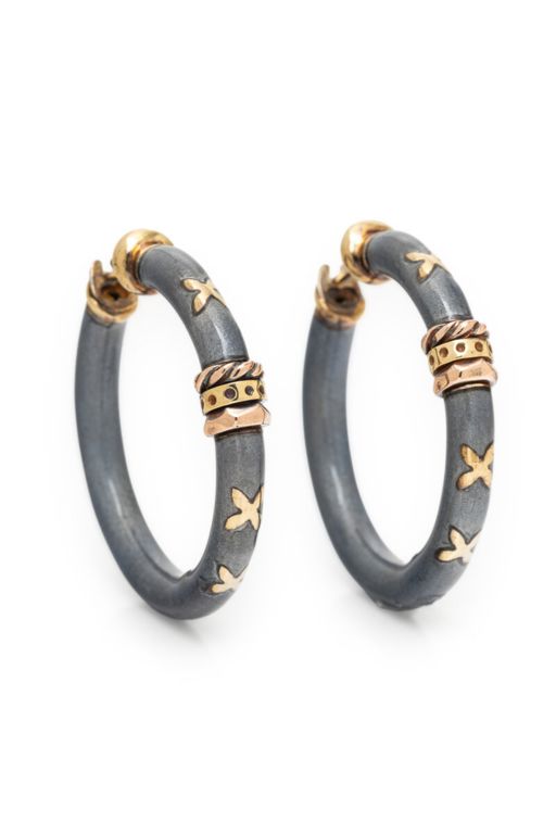 Silver and 18k Yellow Gold Enamel Hoop Earrings