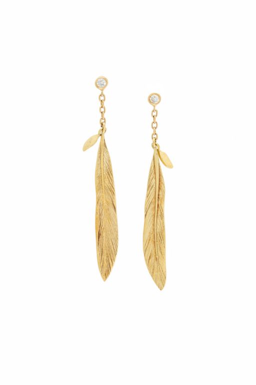 18k Yellow Gold Diamond Feather Earrings