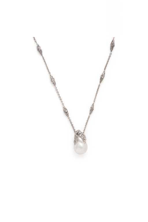 18k White Gold Pearl and Diamond Pendant Necklace