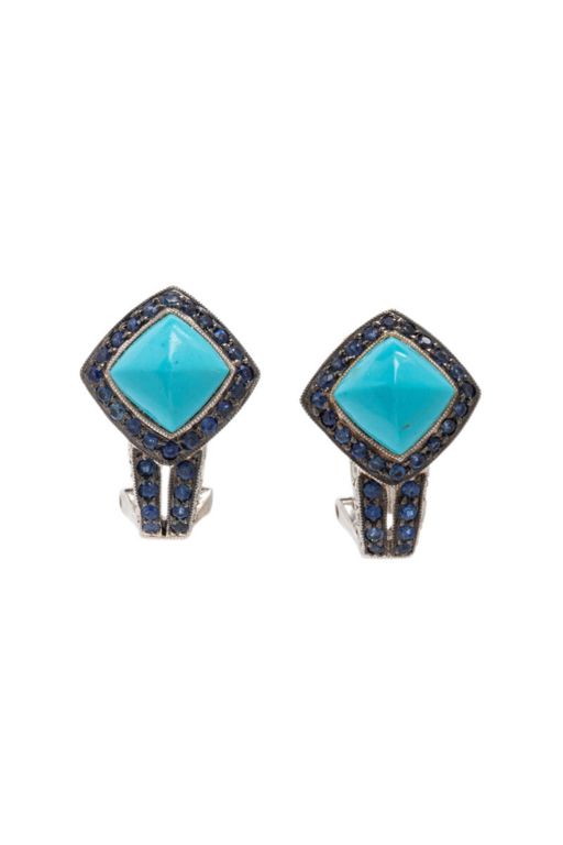 18k Gold Turquoise, Sapphire and Diamond Earrings