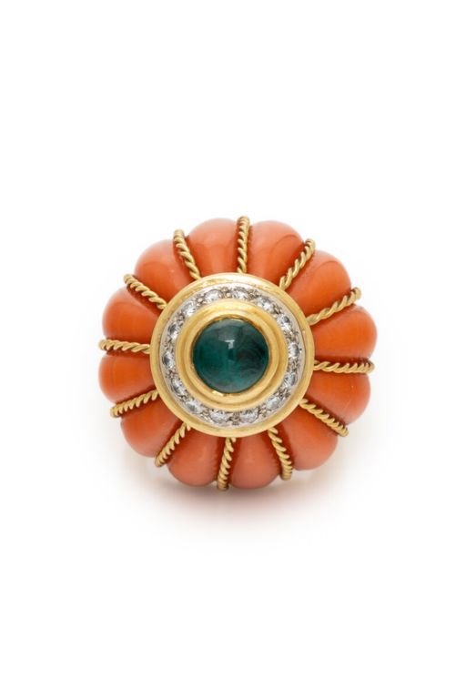 18k Yellow Gold Coral, Emerald and Diamond Ring