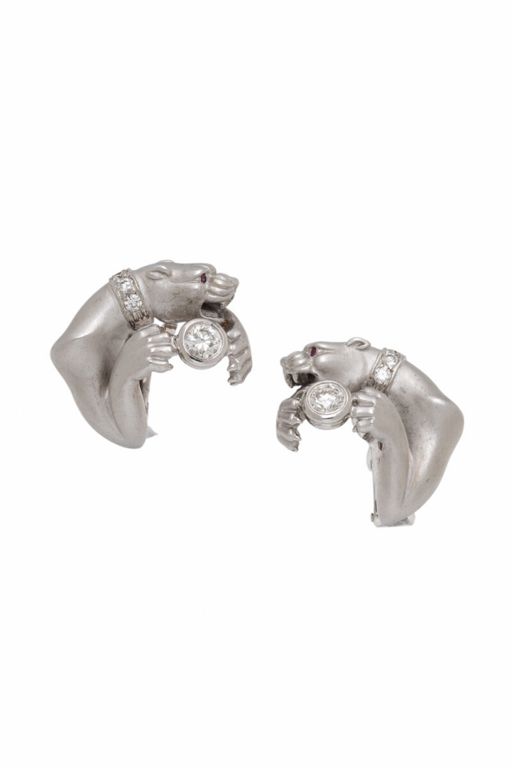 18k White Gold Diamond and Ruby Panther Earrings