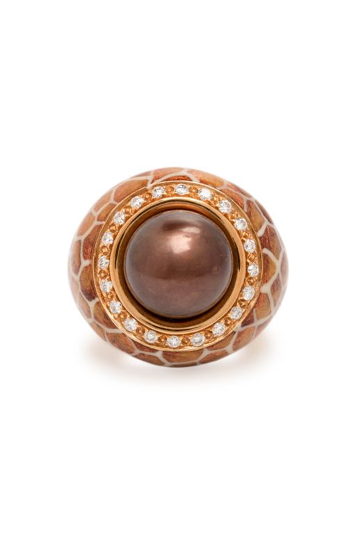 18k Yellow Gold Pearl, Diamond and Enamel Ring