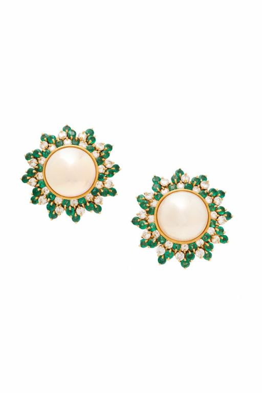 18k Gold Pearl, Emerald and Diamond Earrings