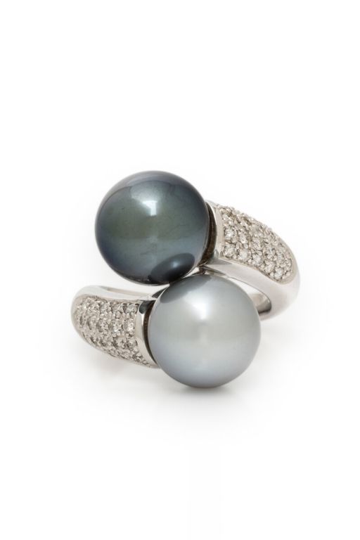 18k White Gold Pearl and Diamond Bypass Ring