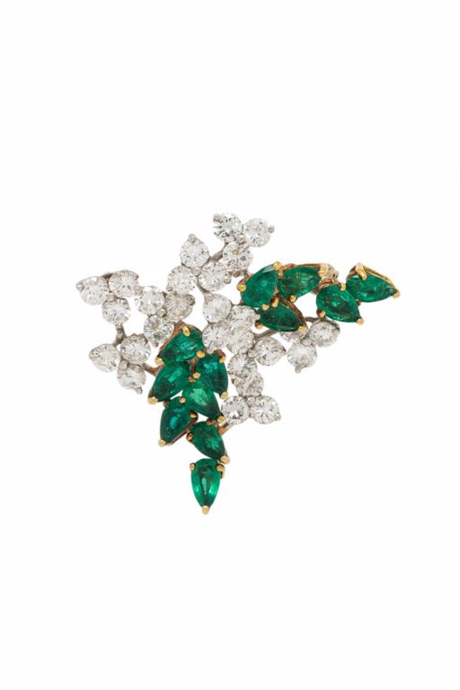 18k Gold and Platinum Emerald and Diamond Brooch