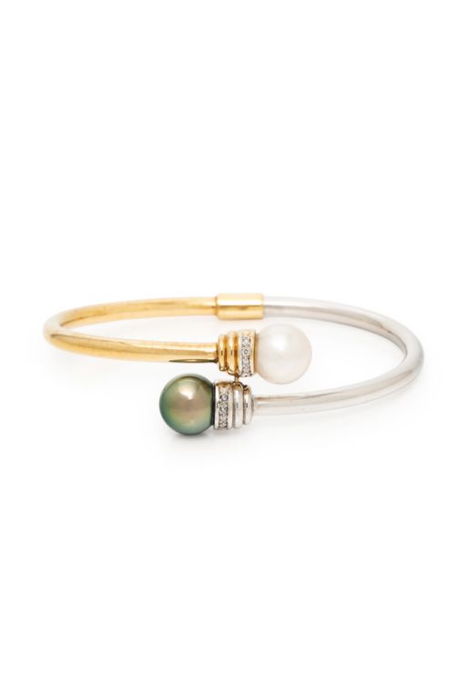 18k Gold Pearl and Diamond Flexible Cuff Bracelet