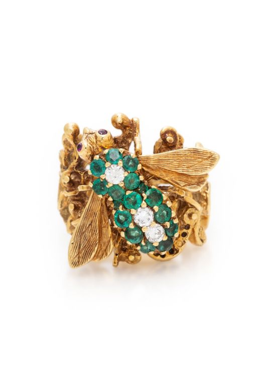 18k Yellow Gold Emerald, Diamond and Ruby Bee Ring