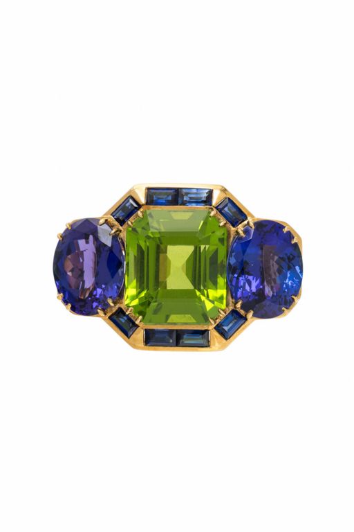 18k Yellow Gold Peridot and Tanzanite Brooch