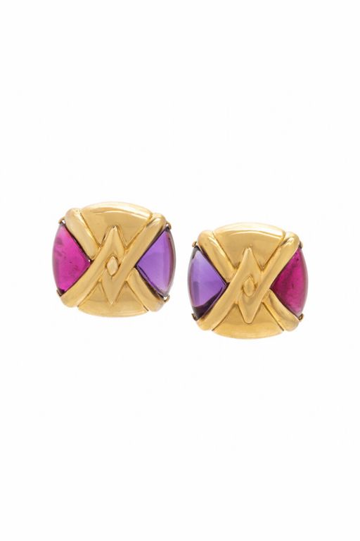 18k Yellow Gold Amethyst and Rubellite Earrings
