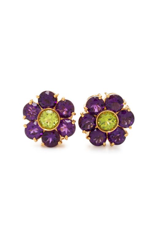 18k Gold Amethyst and Peridot Flower Earrings
